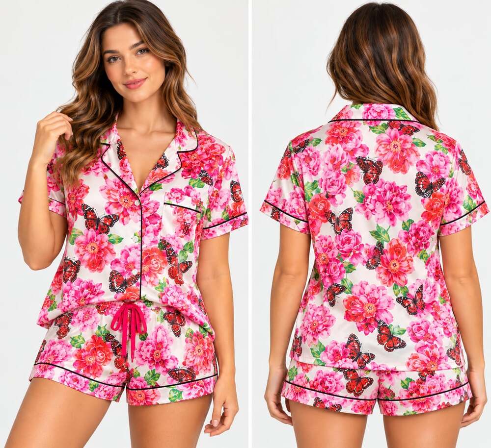 Victoria's Secret Satin Pajama Set Size M Pink Floral Butterfly